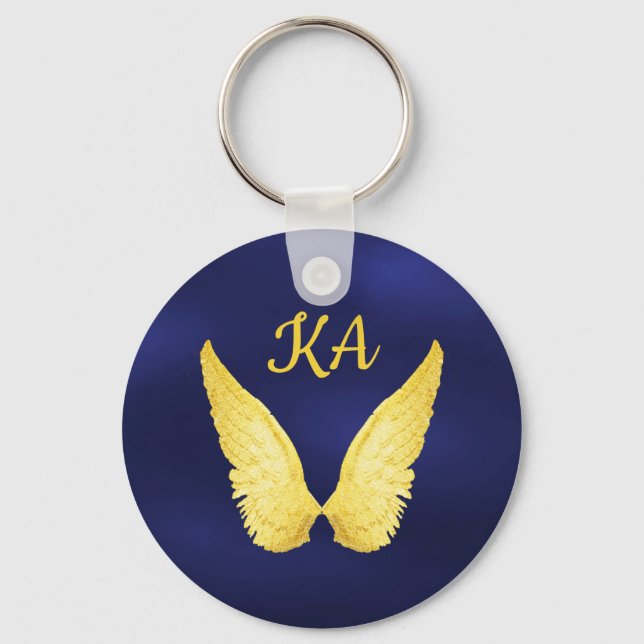Blue gold angel wings monogram keychain (Front)