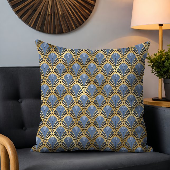Blue Gold Art Deco Fan Pattern Throw Pillow (Creator Uploaded)