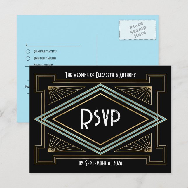 Blue & Gold Art Deco Gatsby-Inspired Wedding Postcard (Front/Back)