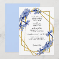 Blue Gold Asian Dragonfly China Flowers Watercolor