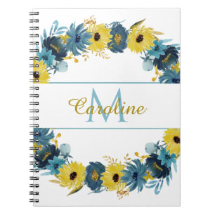 Blue Gold Autumn Floral Wreath Monogram Notebook