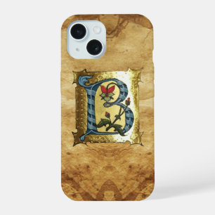 BLUE GOLD B LETTER WITH FLOWERS MONOGRAM iPhone 15 CASE
