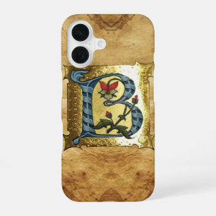 BLUE GOLD B LETTER WITH FLOWERS MONOGRAM iPhone 16 CASE