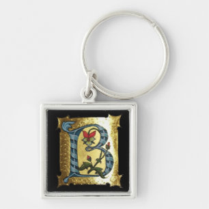 BLUE GOLD B LETTER WITH FLOWERS MONOGRAM KEYCHAIN