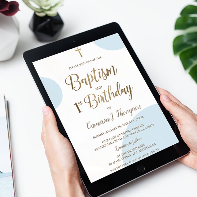 Blue Gold Baby Boy Baptism 1st Birthday Invitation (Digital Baptism and 1st birthday invitation template, blue and gold design.)