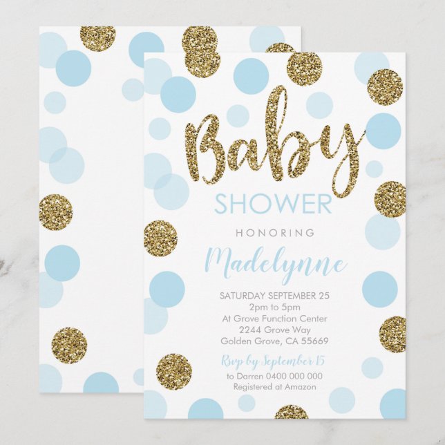 Blue Gold Baby shower invitation Confetti Baby Boy (Devant / Derrière)