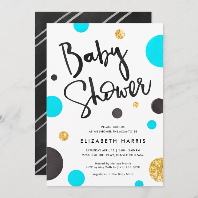 Blue & Gold Baby Shower Invitations - Polka Dots (Front/Back)