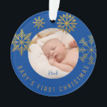 Blue Gold Babys First Christmas Gift Ornament<br><div class="desc">Bright navy gold Snowflakes Christmas holiday photo ornament for new parents who just had a baby. Personalize it by adding the name. Makes a perfect gift for your friends or family.</div>