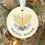 Blue & Gold Baby's First Hanukkah | Dated Keepsake Ornament<br><div class="desc">This keepsake design features baby's name and a watercolor menorah with a flower bouquet on the front side and the year and "First Hanukkah" on the reverse side. If you prefer a different background colour,  choose the customize option.</div>