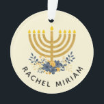 Blue & Gold Baby's First Hanukkah | Dated Keepsake Ornament<br><div class="desc">This keepsake design features baby's name and a watercolor menorah with a flower bouquet on the front side and the year and "First Hanukkah" on the reverse side. If you prefer a different background colour,  choose the customize option.</div>