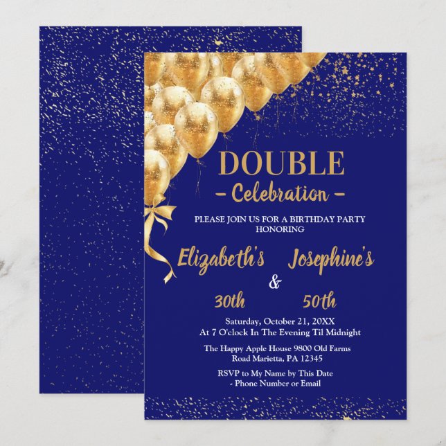 Blue Gold Balloons glitter Dual Birthday Soiree  Invitation (Front/Back)