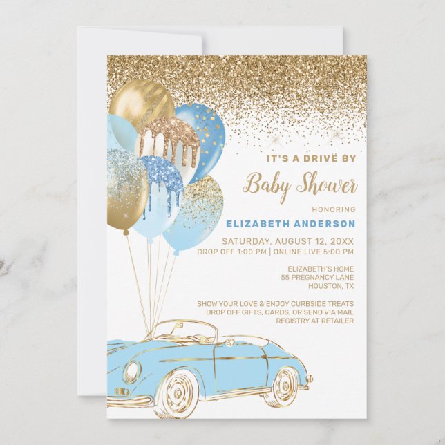 Blue Gold Balloons Virtual Drive by Baby Shower Invitation (Front)