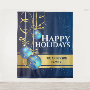 Blue gold balls pretty ribbon Christmas greetings Tapestry