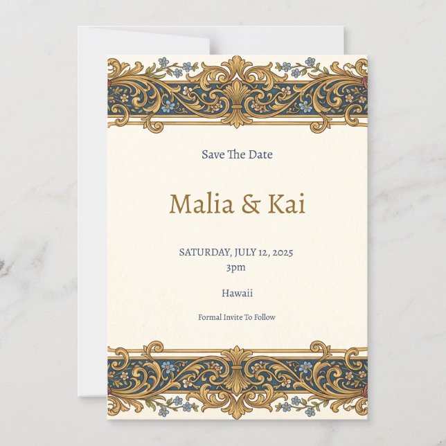 Blue Gold Baroque Save the Date Magnet (Front)