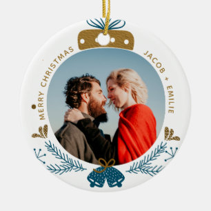 Blue & Gold   Bauble Merry Christmas Custom Photo Ceramic Ornament