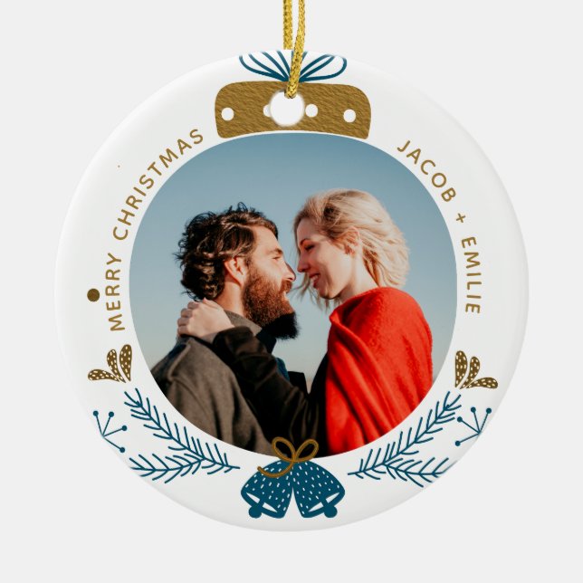 Blue & Gold | Bauble Merry Christmas Custom Photo Ceramic Ornament (Front)
