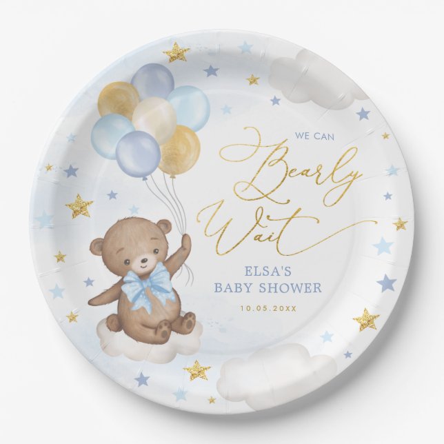 Blue Gold Bear with Balloons Clouds Stars Boy Baby Paper Plate (Front)