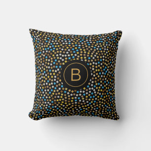 Blue Gold Beige Grey Stipples Initial Customized Throw Pillow