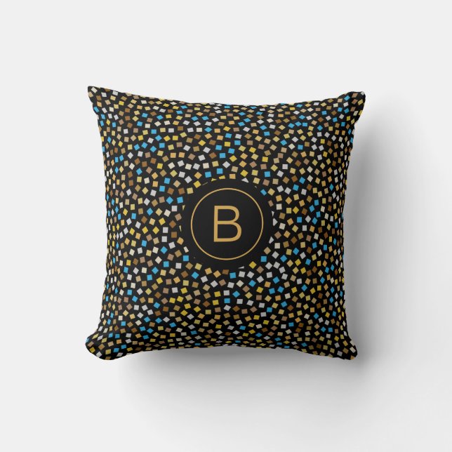 Blue Gold Beige Grey Stipples Initial Customized Throw Pillow (Front)