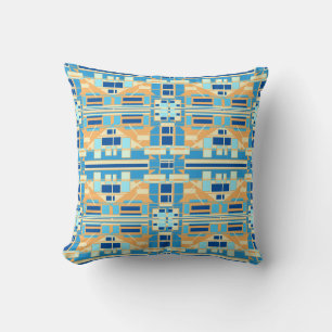 Blue Gold Beige Mediterranean Look Large Tiles Throw Pillow