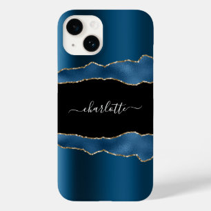 Blue gold black agate marble name script Case-Mate iPhone 14 case