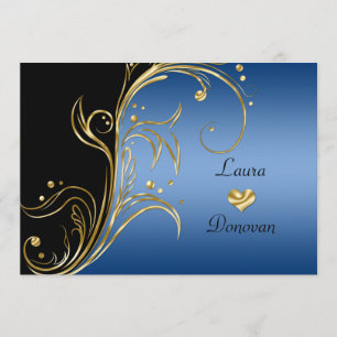Blue Gold Black Floral Swirls Reception Only Invitation