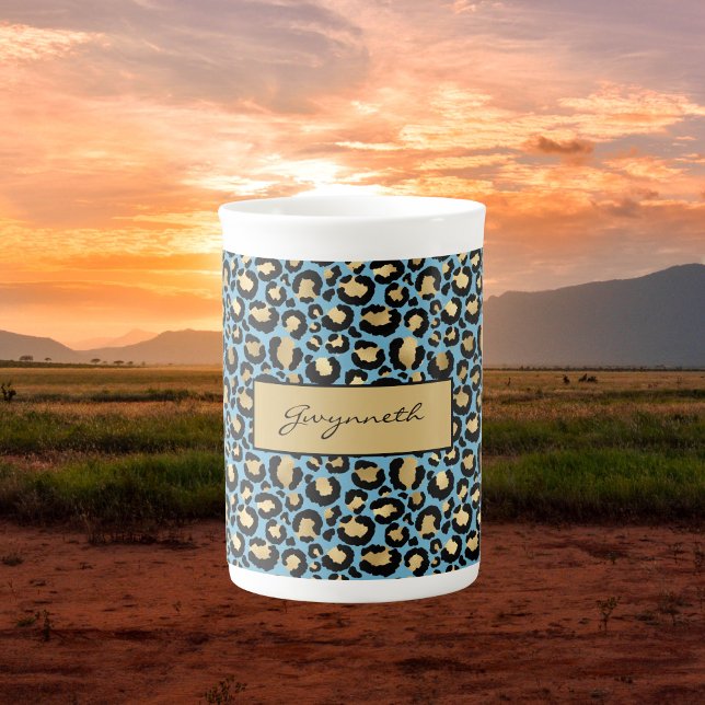 Blue Gold Black Leopard Print with Your Name Bone China Mug (Creator Uploaded)
