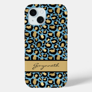Blue Gold Black Leopard Print with Your Name iPhone 15 Case