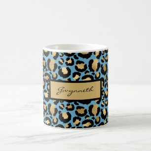 Blue Gold Black Leopard Print with Your Name Coffee Mug