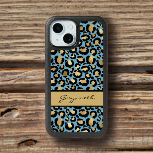Blue Gold Black Leopard Print with Your Name iPhone 15 Case