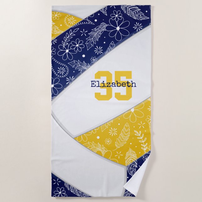 blue gold boho floral feathers pattern volleyball beach towel (Front)