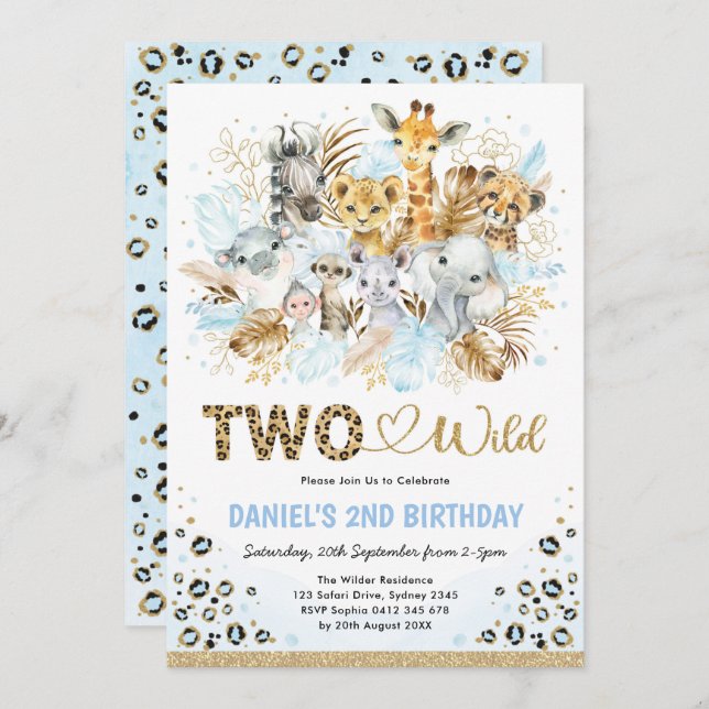 Blue Gold Boho Jungle Safari Two Wild 2nd Birthday Invitation (Front/Back)