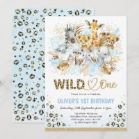 Blue Gold Boho Safari Animals Wild One Birthday