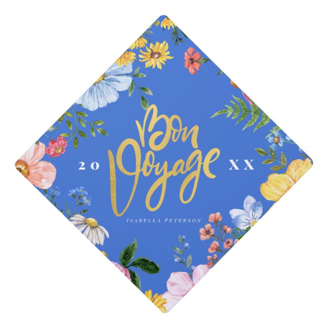 Blue & Gold "Bon Voyage" Floral Graduation Cap Top (Front)