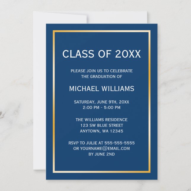 Blue Gold Border Graduation Announcement (Front)