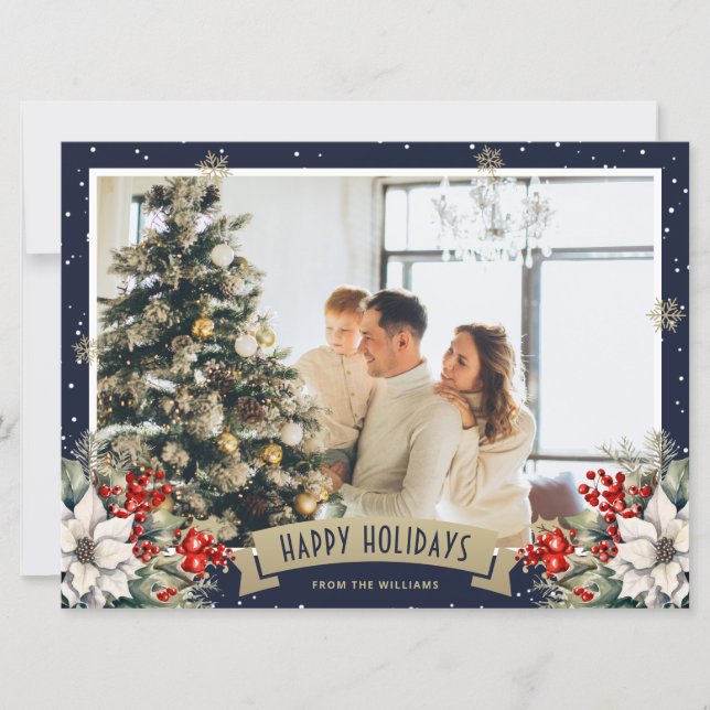 Blue Gold Botanical Snowflake Photo Holiday (Front)