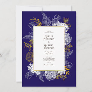 Blue Gold Botany Graphic Wedding Invitation