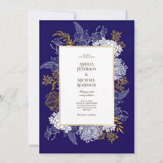 Blue Gold Botany Graphic Wedding Invitation