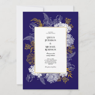 Blue Gold Botany Graphic Wedding Invitation