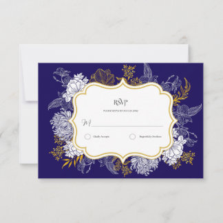 Blue Gold Botany Graphic Wedding RSVP Card