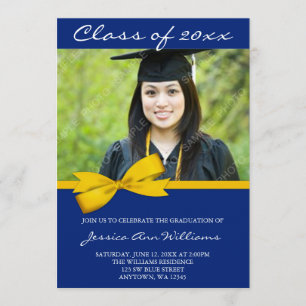 Blue Gold Bow Photo Graduation Announcement