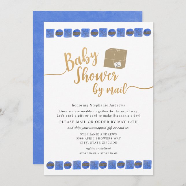 Blue Gold Boy Baby Shower by mail Invitation (Front/Back)