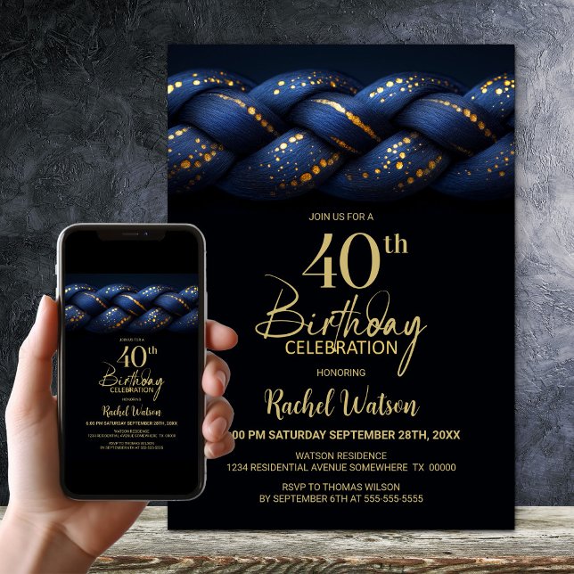 Blue Gold Braid 40th Birthday Party Invitation (Creator Uploaded)