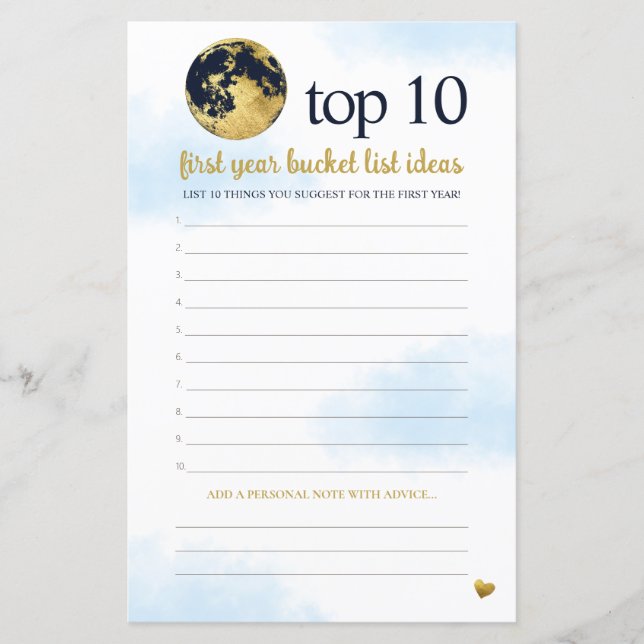 Blue Gold Bucket List Advice Baby Shower Game (Front)