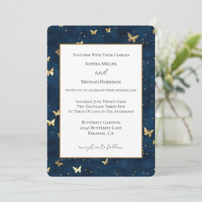 Blue Gold Butterflies Wedding Invitation (Standing Front)