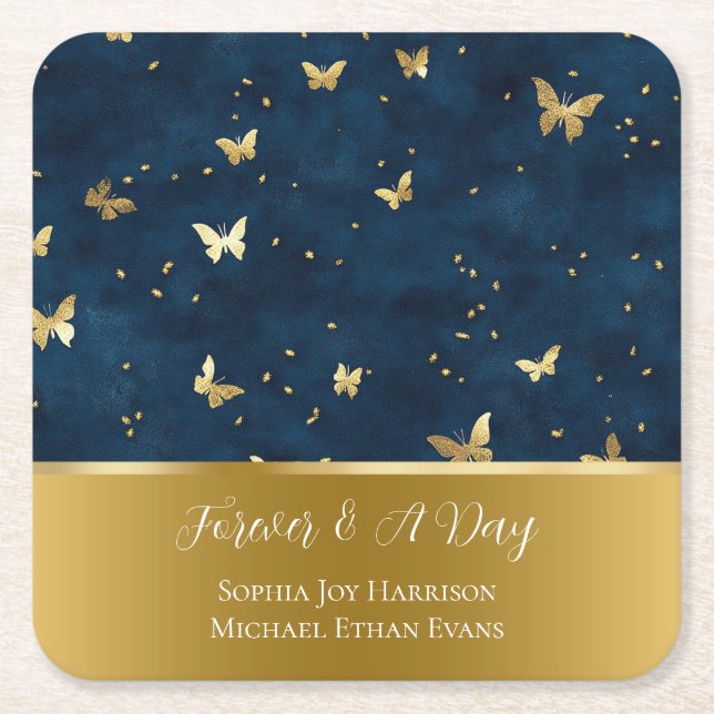 Blue Gold Butterflies Wedding  Square Paper Coaster (Front)