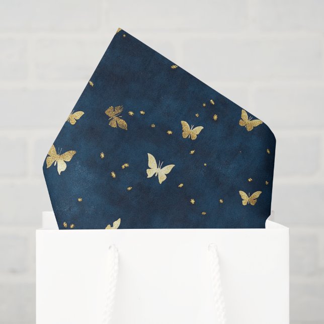 Blue Gold Butterflies Wedding Tissue Paper (Gift Bag)