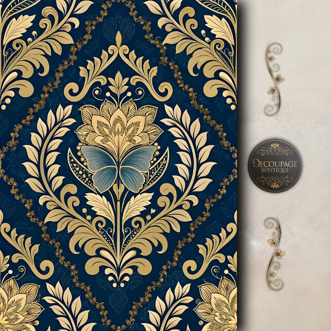Blue Gold Butterfly Damask Decoupage Tissue Paper (Blue Gold Butterfly Damask Decoupage Tissue Paper)
