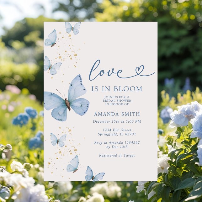 Blue Gold Butterfly Love In Bloom Bridal Shower  Invitation (Creator Uploaded)