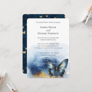 Blue Gold Butterfly Wedding Invitation